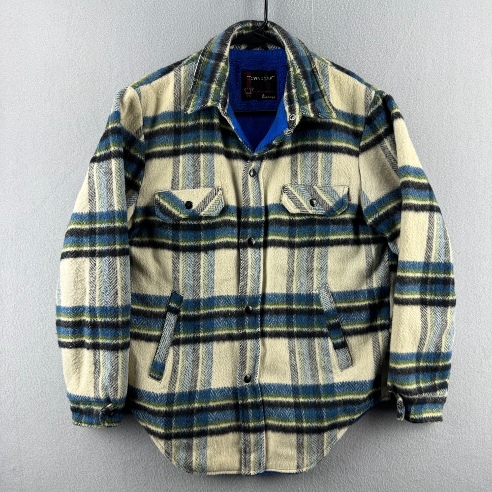 Vintage 60s Penneys Towncraft Flannel Jacket Mens Medium Fleece Lined Snap Up
